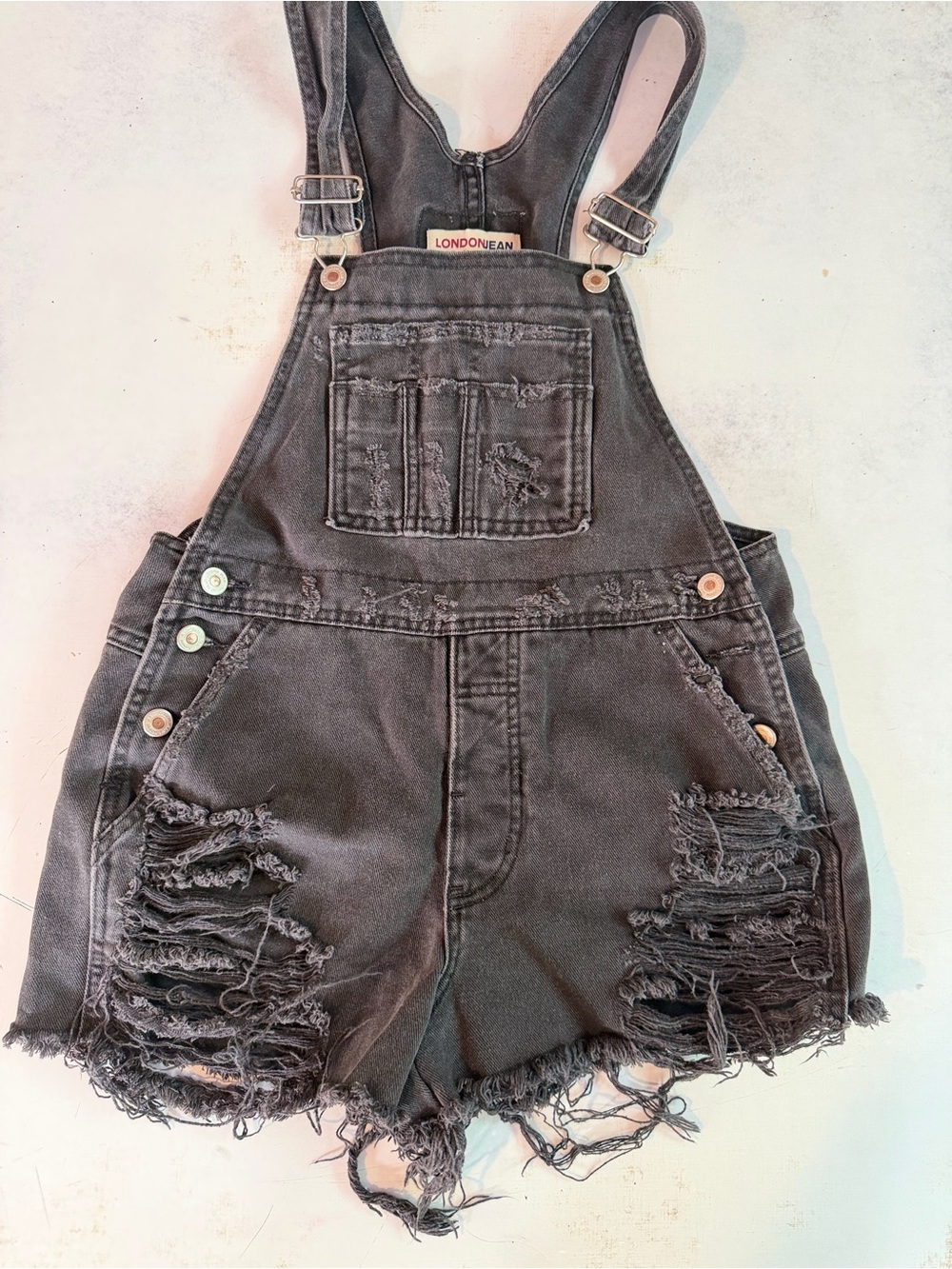 LONDONJEAN Distressed Black Denim Short Overalls with Frayed Hem